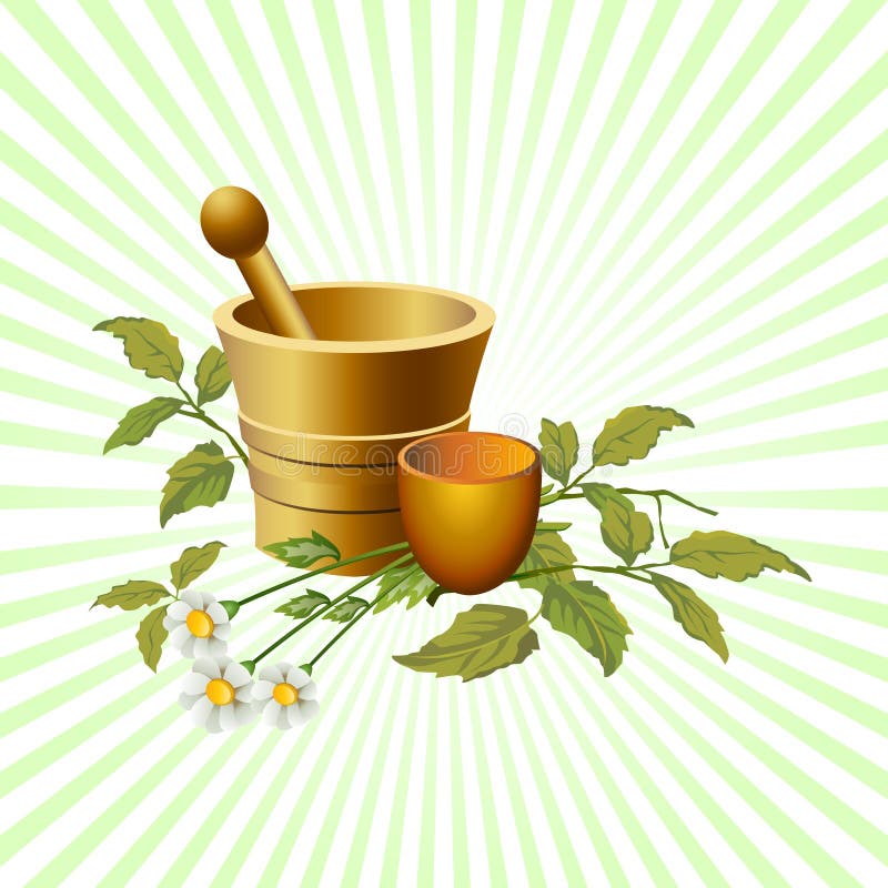 Illustrated natural herbalist products with cup and flowers, with beams background. Illustrated natural herbalist products with cup and flowers, with beams background