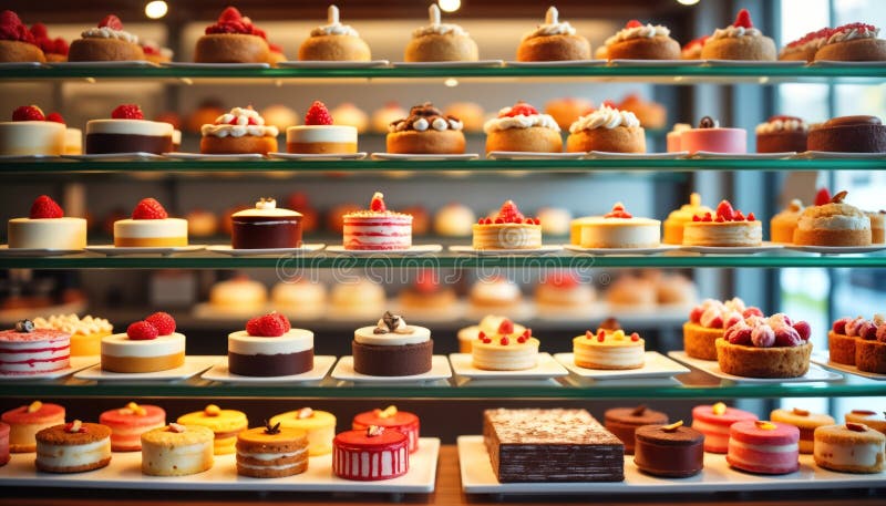 Colorful array of small cakes displayed at patisserie counter. Variety of pastries, desserts arranged attractively on glass. Prodotto a base di