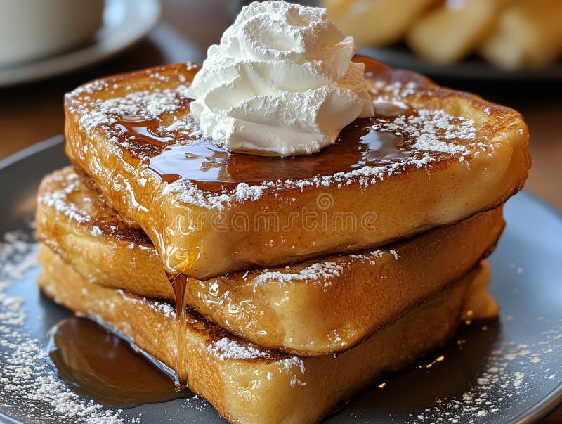 Prodotto a base di. una pila di toast francese con sciroppo ppa panna e zucchero in polvere. royalty illustrazione gratis