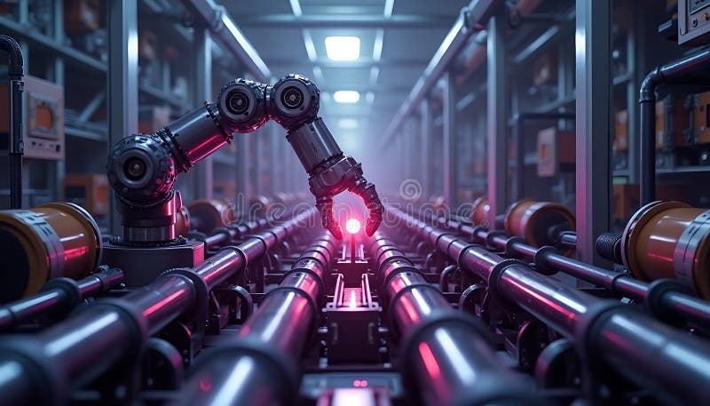 Prodotto di ispezione a braccio robotico industriale sulla linea di assemblaggio con luce rossa royalty illustrazione gratis