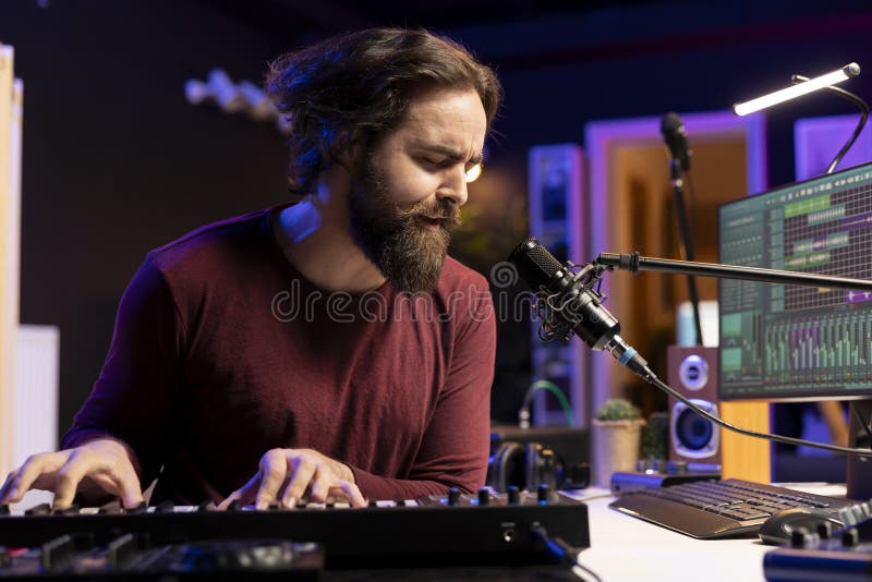 Producatorul de muzica canta note electronice la claviatura si canta la microfon stock images