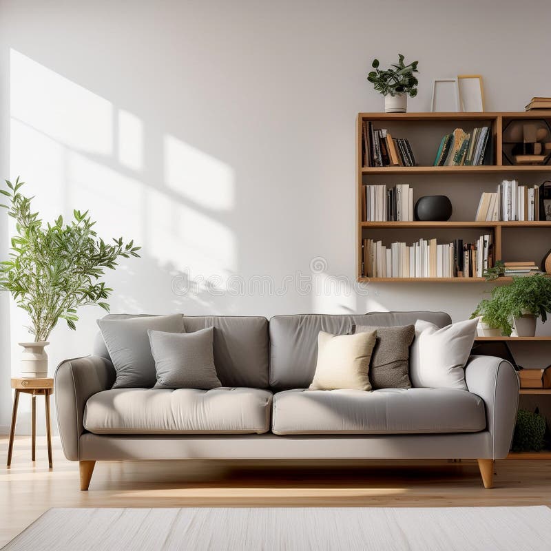 Produce a 3D rendering of a living room featuring a gray sofa and a library vector illustration