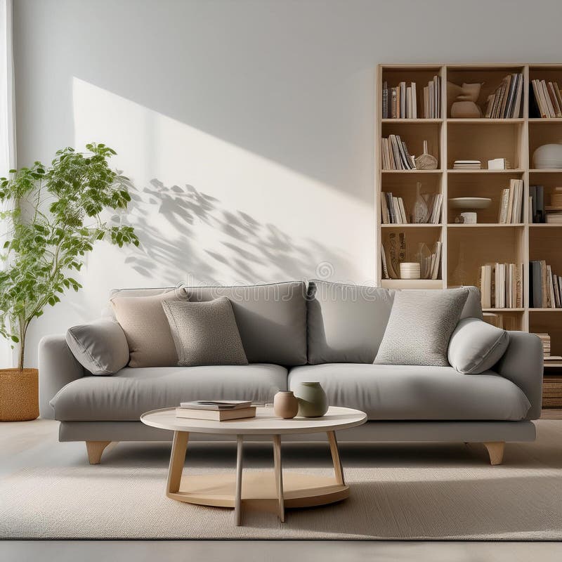 Produce a 3D rendering of a living room featuring a gray sofa and a library vector illustration