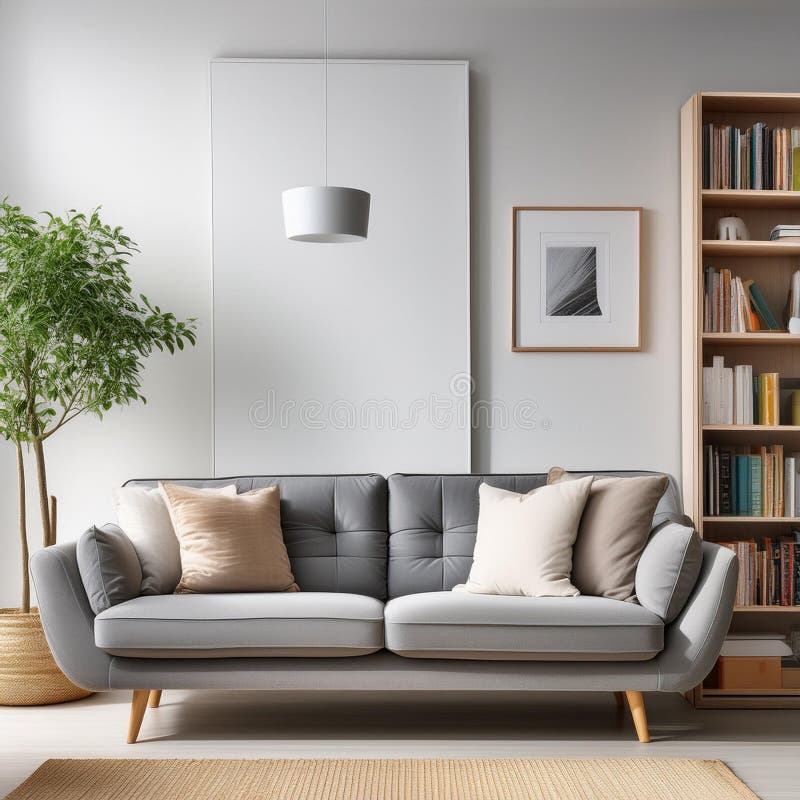 Produce a 3D rendering of a living room featuring a gray sofa and a library royalty free illustration