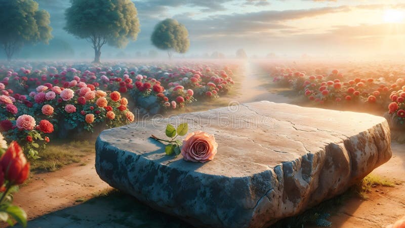 Masa de prezentare a produsului într-o grădină cu flori un amestec frumos de natură și marketing stock illustration