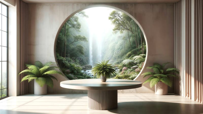Product Display Table, Showcase Your Product in a Breathtaking Waterfall Landscape vector illustration