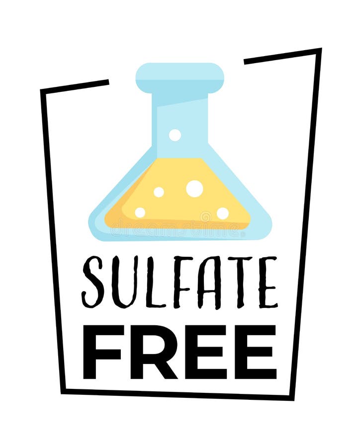 Sulfate free isolated icon, chemical test tube, organic product warranty seal vector. Label of shampoo or mask, conditioner and cosmetics. Lab equipment and Chemistry element in flask or beaker. Sulfate free isolated icon, chemical test tube, organic product warranty seal vector. Label of shampoo or mask, conditioner and cosmetics. Lab equipment and Chemistry element in flask or beaker