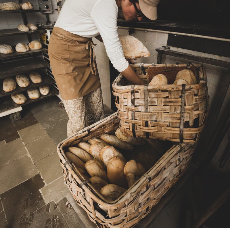 Production of Baked Bread with a Wood Oven in a Bakery Stock Image