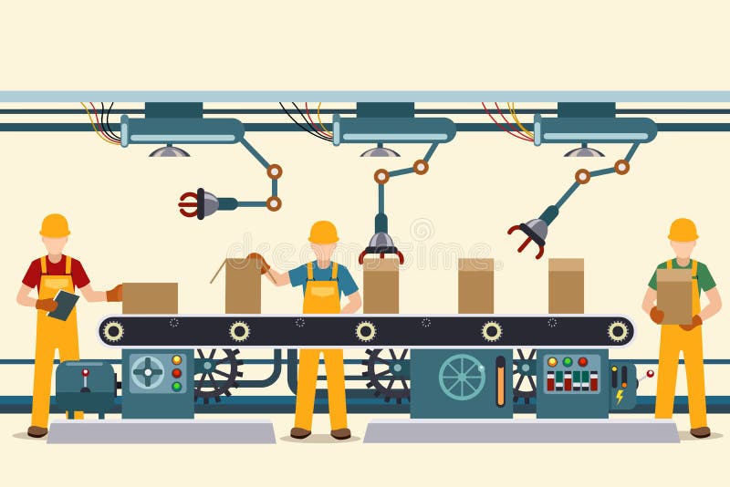 Production conveyor belt with vector factory operational people in uniform. Vector illustration. Civil engineering line art vectors