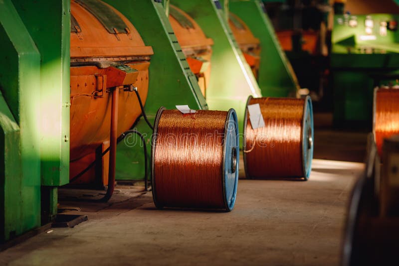Production of Copper Wire, Bronze Cable in Reels at Factory Stock Photo