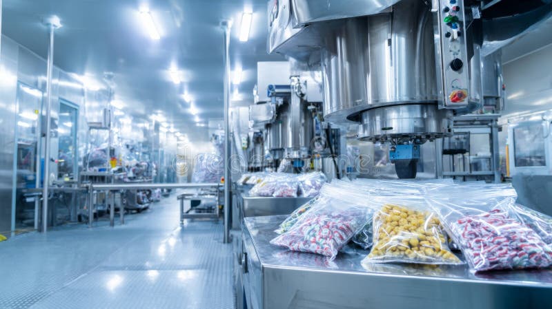 Production line in a candy factory during daytime with various packaged sweets ready for distribution stock images