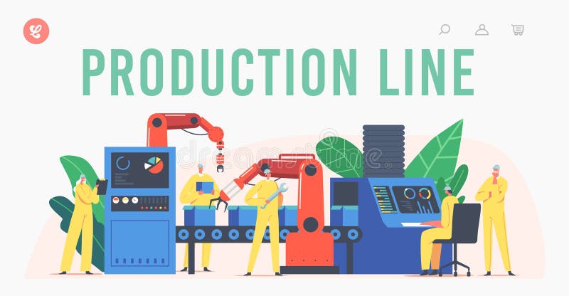 Production Line with Robotic Arms Landing Page Template. Factory Worker Characters Automated Assembly Process stock illustration