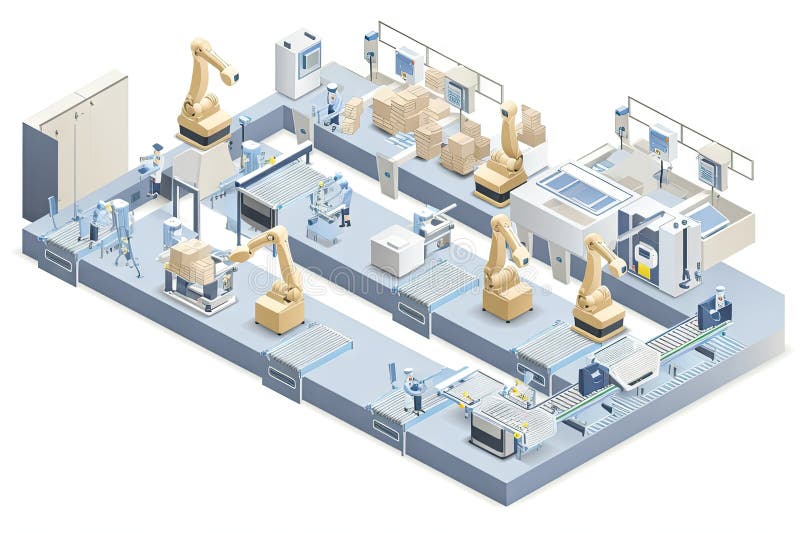 Production Line, with Robots Performing Various Tasks in Sequence Stock