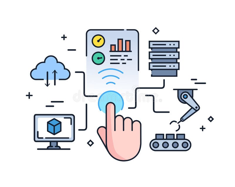 Production management application user interface. technology, connection, business robot, cyber. linear illustration stock illustration