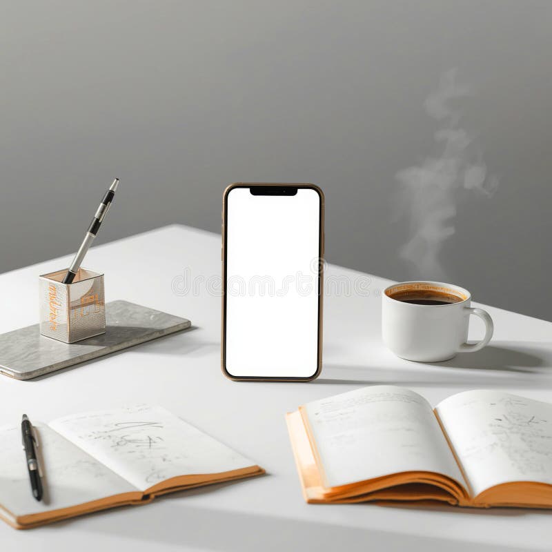Productive Desk Phone Mockup Coffee Books royalty free illustration