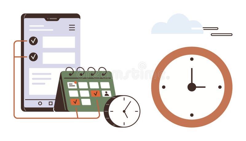 Time Management Concept with Digital Checklist, Clock, and Calendar royalty free illustration