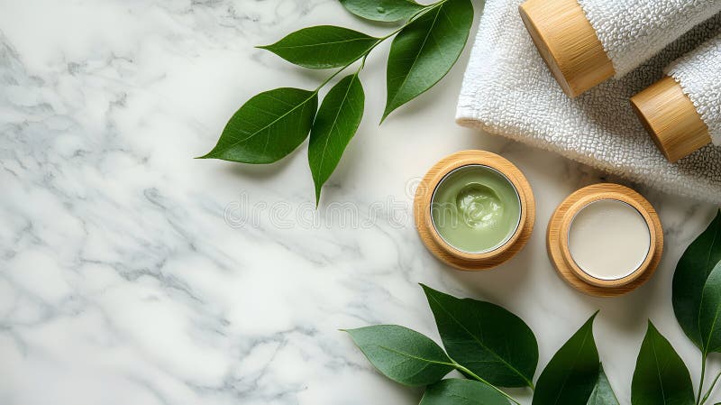 Productos de belleza ecofrendente en la superficie de bambú ilustración del vector