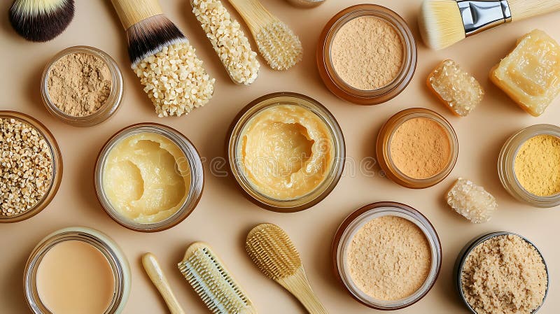 Productos de belleza naturales en tarros de vidrio con cepillos de bambú. stock de ilustración