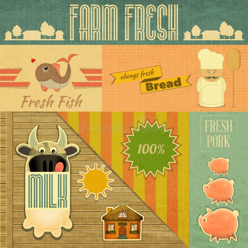 Farm Fresh Organic Products. Vintage Card, Retro Farm Food Emblems. Illustration. Farm Fresh Organic Products. Vintage Card, Retro Farm Food Emblems. Illustration.