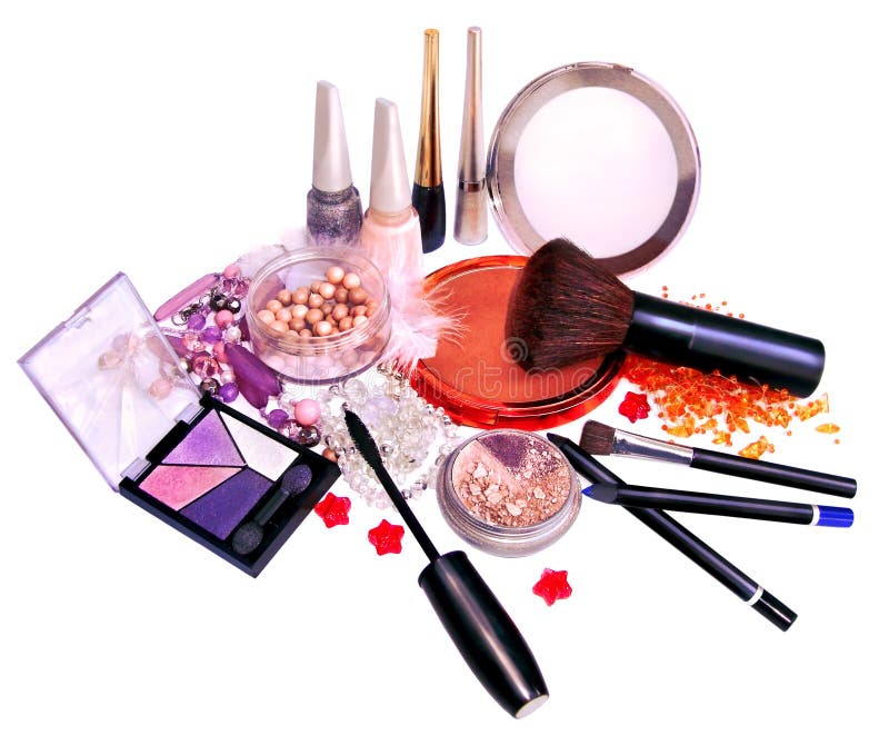  Productos Y Joyería De Maquillaje En El Fondo Blanco Imagen de archivo