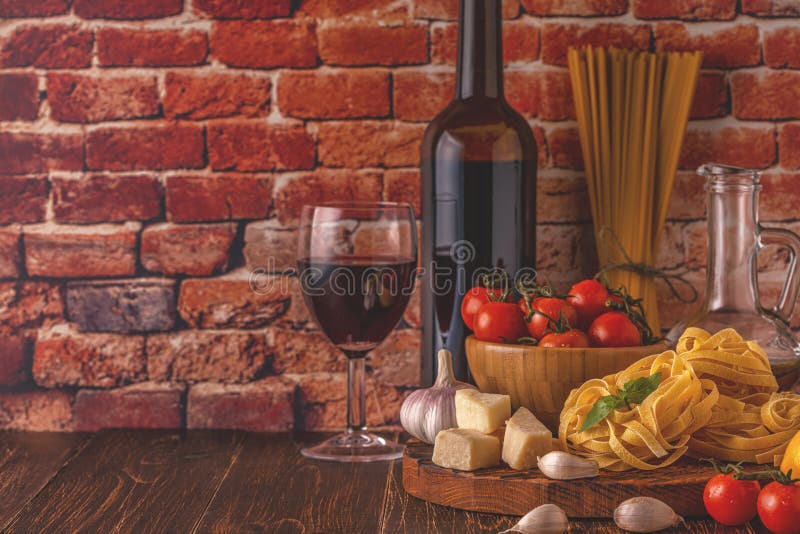Products for cooking - pasta, tomatoes, garlic, olive oil and re stock photo Products for cooking - pasta, tomatoes, garlic, olive oil and re stock photo