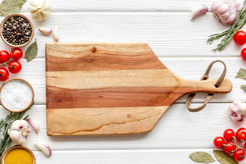 Download Products Frame And Cutting Board On White Wooden Background Top View Mockup Stock Photo - Image ...