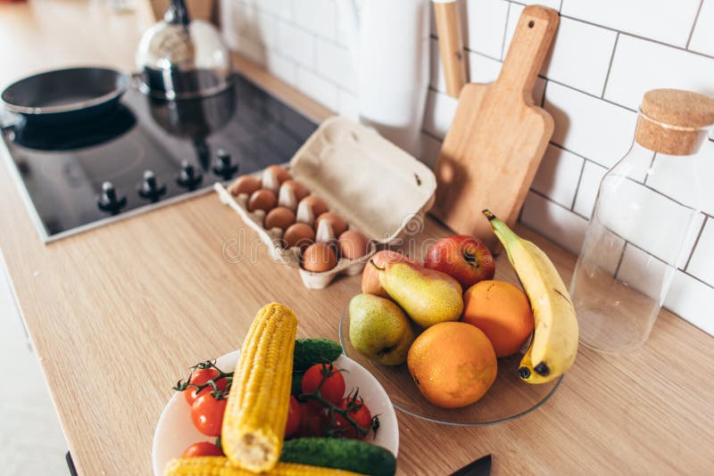 Products Vegetables Fruits Eggs on Wooden Table. Stock Image Image of