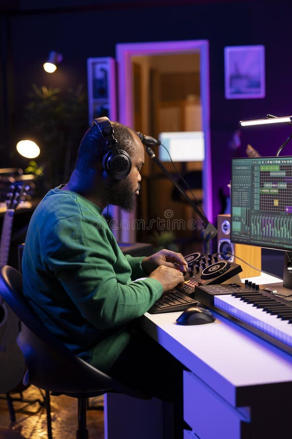 Producător de muzică calificată care compune noi linii de sunet pe software-ul consolei și al daw stock photos