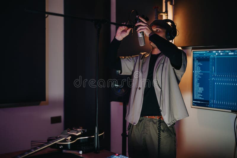 Producător de muzică care ajustează microfonul în mediul profesional al studioului de înregistrări royalty free stock photos