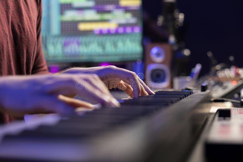 Producător de muzică care cântă melodii pe controlerul electronic royalty free stock photos