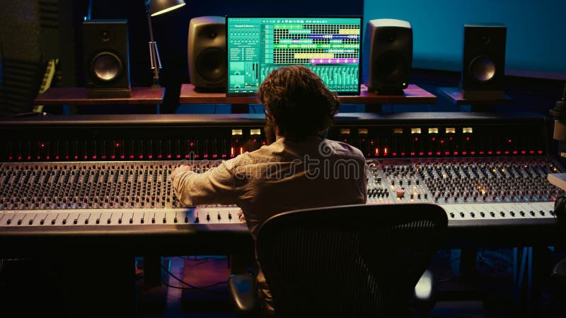 Producător de muzică care termină o linie cu software audio și consola de amestecare royalty free stock image
