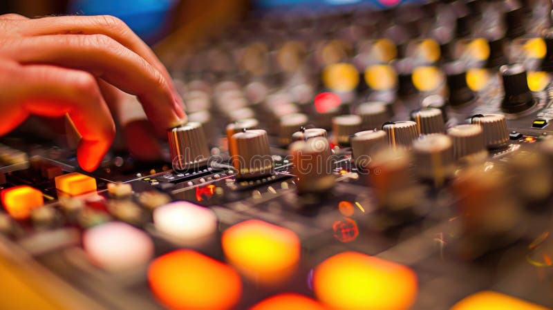 Producător muzical Ajustarea nivelelor audio pe consola de mixare în Studio royalty free stock photos