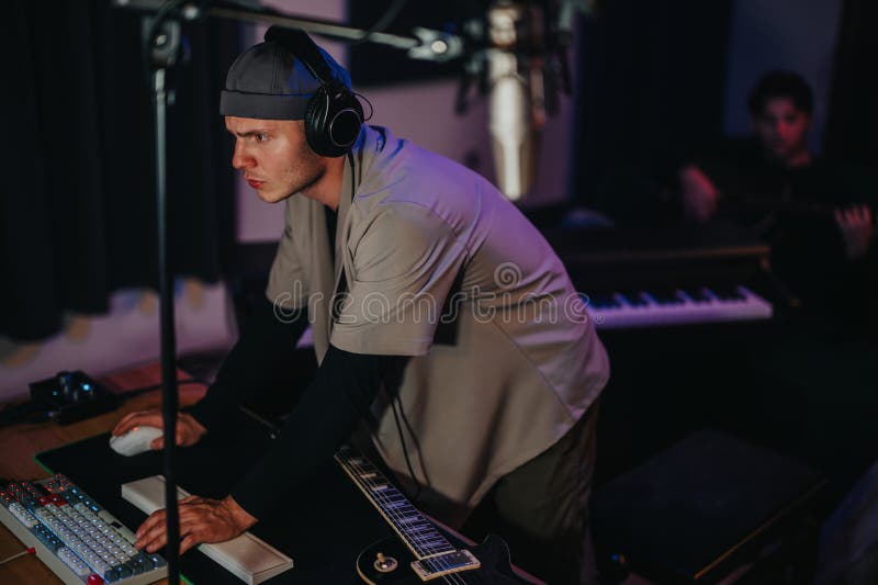 Producător muzical focalizat care lucrează într-un studio de înregistrare modern cu echipament digital stock image