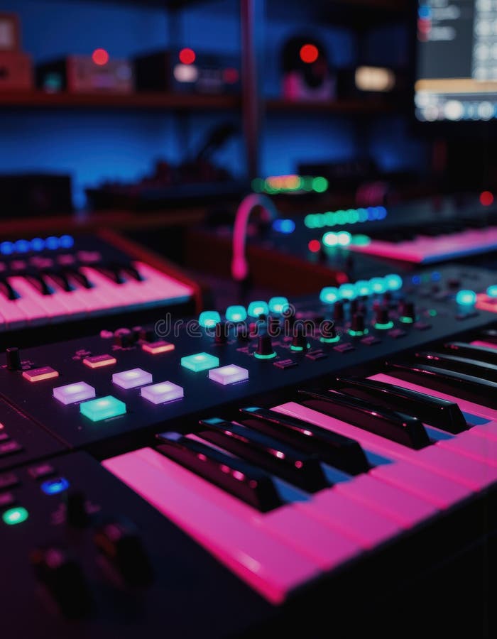 Producătorii de muzică digitală MIDI tastatură și rack sintetizatoare strălucitoare într-un studio dim royalty free stock photo