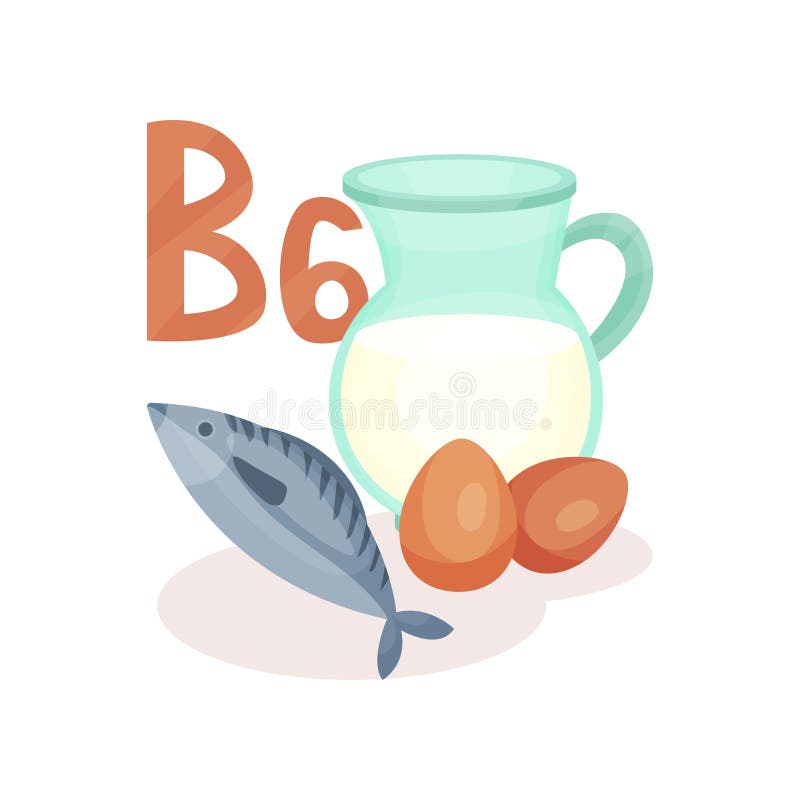 Produits contenant la vitamine B6 Cruche de lait de vache, des oeufs de poulet et du poisson de mer Nourriture saine Vecteur plat illustration libre de droits Produits contenant la vitamine B6 Cruche de lait de vache, des oeufs de poulet et du poisson de mer Nourriture saine Vecteur plat illustration libre de droits