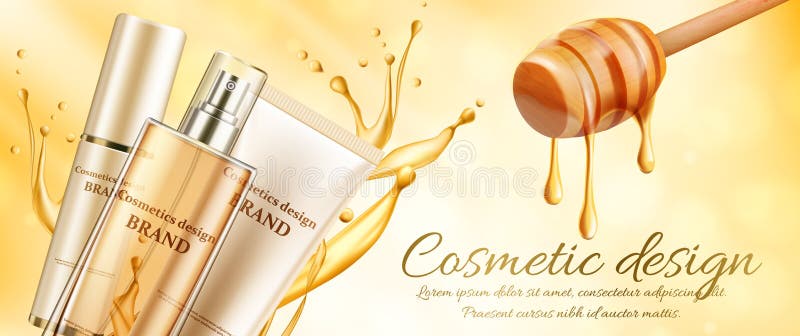 Produits cosmétiques innovants publicités sur la bannière de miel clair avec peignes de miel et miel pur. Conception de forfait illustration de vecteur Produits cosmétiques innovants publicités sur la bannière de miel clair avec peignes de miel et miel pur. Conception de forfait illustration de vecteur