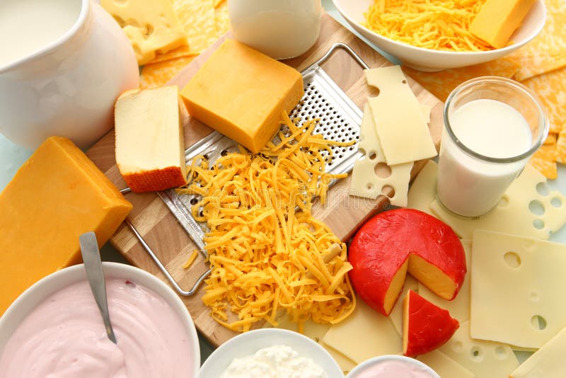 Variety of dairy, milk and cheese products. Variety of dairy, milk and cheese products