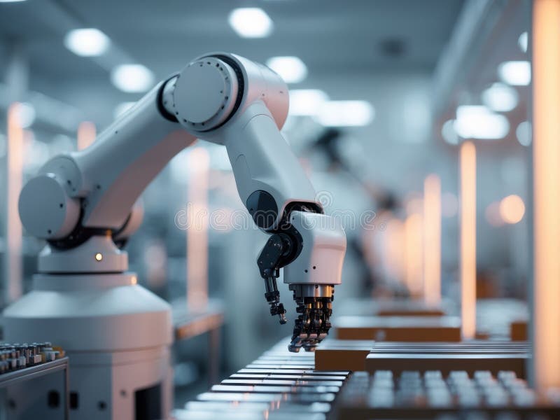 Produkter för montering av precisionsrobotar i en modern tillverkningsanläggning under kvällstid arkivfoto