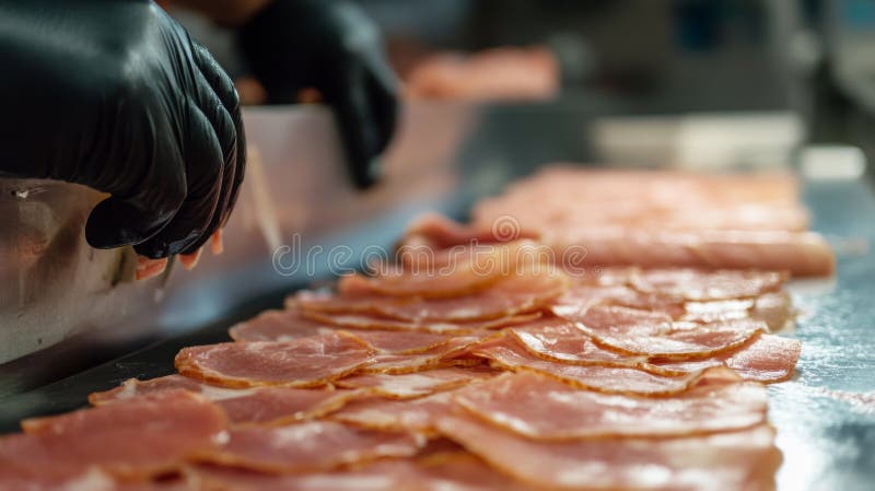 Produktionsmetoder för livsmedel med hjälpmedel för skivning och förpackning av kött arkivfoto