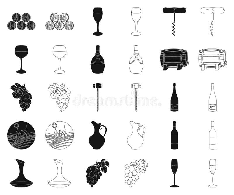 Produtos de vinho pretos, ícones do esboço em coleção ajustada para o projeto O equipamento e a produção de vinho vector a Web co ilustração stock Produtos de vinho pretos, ícones do esboço em coleção ajustada para o projeto O equipamento e a produção de vinho vector a Web co ilustração stock