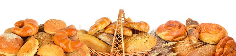 Produtos do pão e da padaria isolados no fundo branco Panorami
