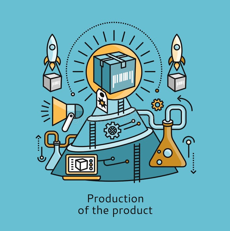 Produzione del concetto di progetto piano dell'icona del prodotto illustrazione vettoriale Produzione del concetto di progetto piano dell'icona del prodotto illustrazione vettoriale