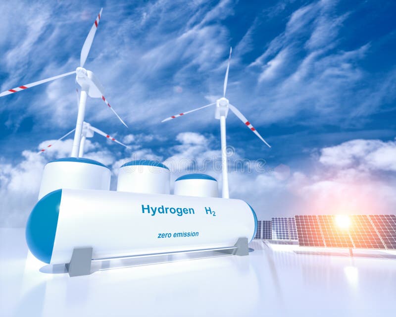 Produzione di energia a idrogeno rinnovabile idrogeno gas per impianti a energia solare e a turbina eolica puliti
