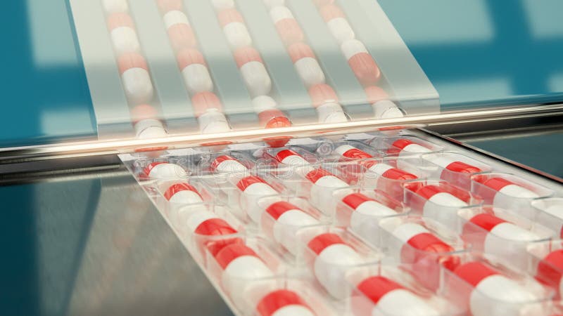 Produção da droga Maquinaria farmacêutica para comprimidos da produção da medicina rendição 3d ilustração stock Produção da droga Maquinaria farmacêutica para comprimidos da produção da medicina rendição 3d ilustração stock
