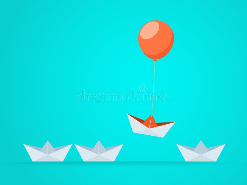 Outstanding the Boat rises above with balloon. Business advantage opportunities and success concept. Uniqueness, leadership, independence, initiative, strategy, dissent, think different. Vector Illustration. Outstanding the Boat rises above with balloon. Business advantage opportunities and success concept. Uniqueness, leadership, independence, initiative, strategy, dissent, think different. Vector Illustration