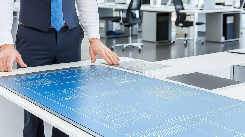 Profesional utilizează ecranul digital interactiv cu atingeri desktop modern. royalty free stock photos