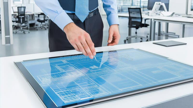 Profesional utilizează ecranul digital interactiv cu atingeri desktop modern. royalty free stock images