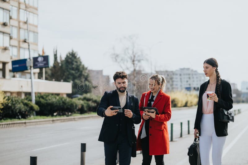 Three colleagues in business attire having an informal meeting on a sunny street, with coffee and devices in hand. Three colleagues in business attire having an informal meeting on a sunny street, with coffee and devices in hand.