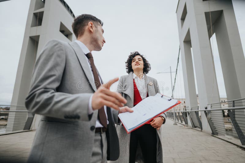 Two business associates discuss work-related matters while holding documents on a bridge with an urban backdrop. Two business associates discuss work-related matters while holding documents on a bridge with an urban backdrop.