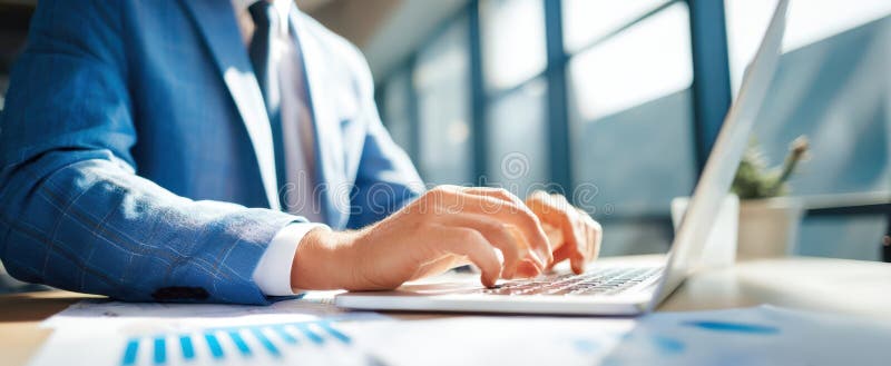 Profesionistul concentrat de tastare pe un laptop într-un mediu de birou luminosImagine generată de AI stock photo